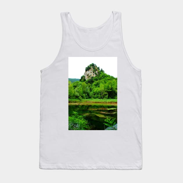 Scenery underneath Castel Trosino medieval village with the emerald tones of the Casette Lake Tank Top by KristinaDrozd